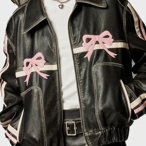 Black Faux Leather Jacket with Pink Bow Accents